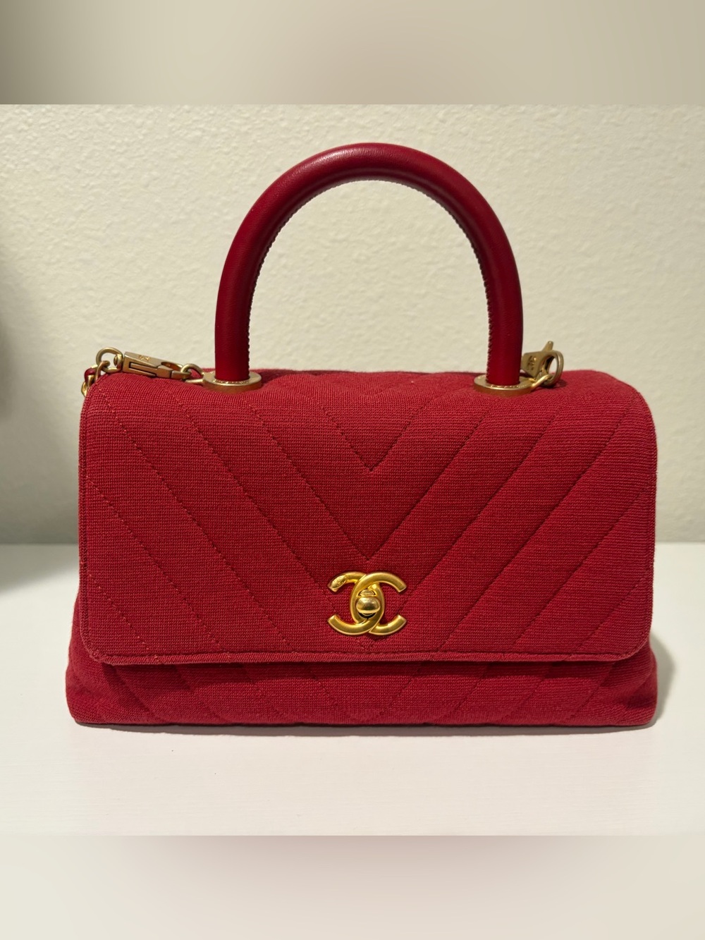 CHANEL Red Quilted Top-Handle Satchel with Gold CC